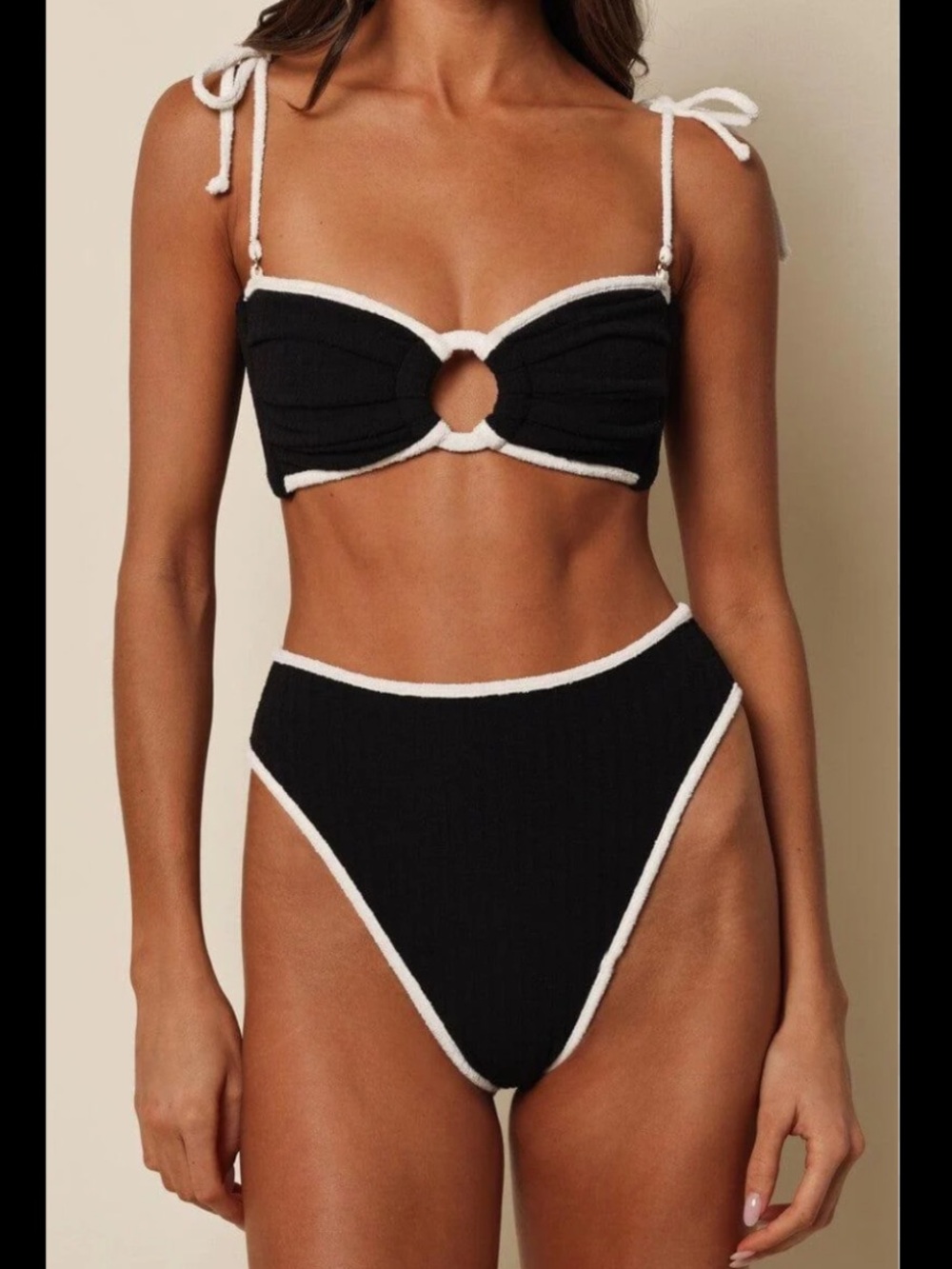 Montce x Olivia Culpo black and cream terry bikini SET - 1 top, 2 bottoms, M